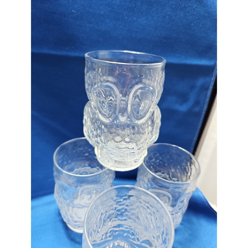 4 Vintage Libby Owl Shaped Glass Set Clear Figural MCM 1970's Rocks Glasses